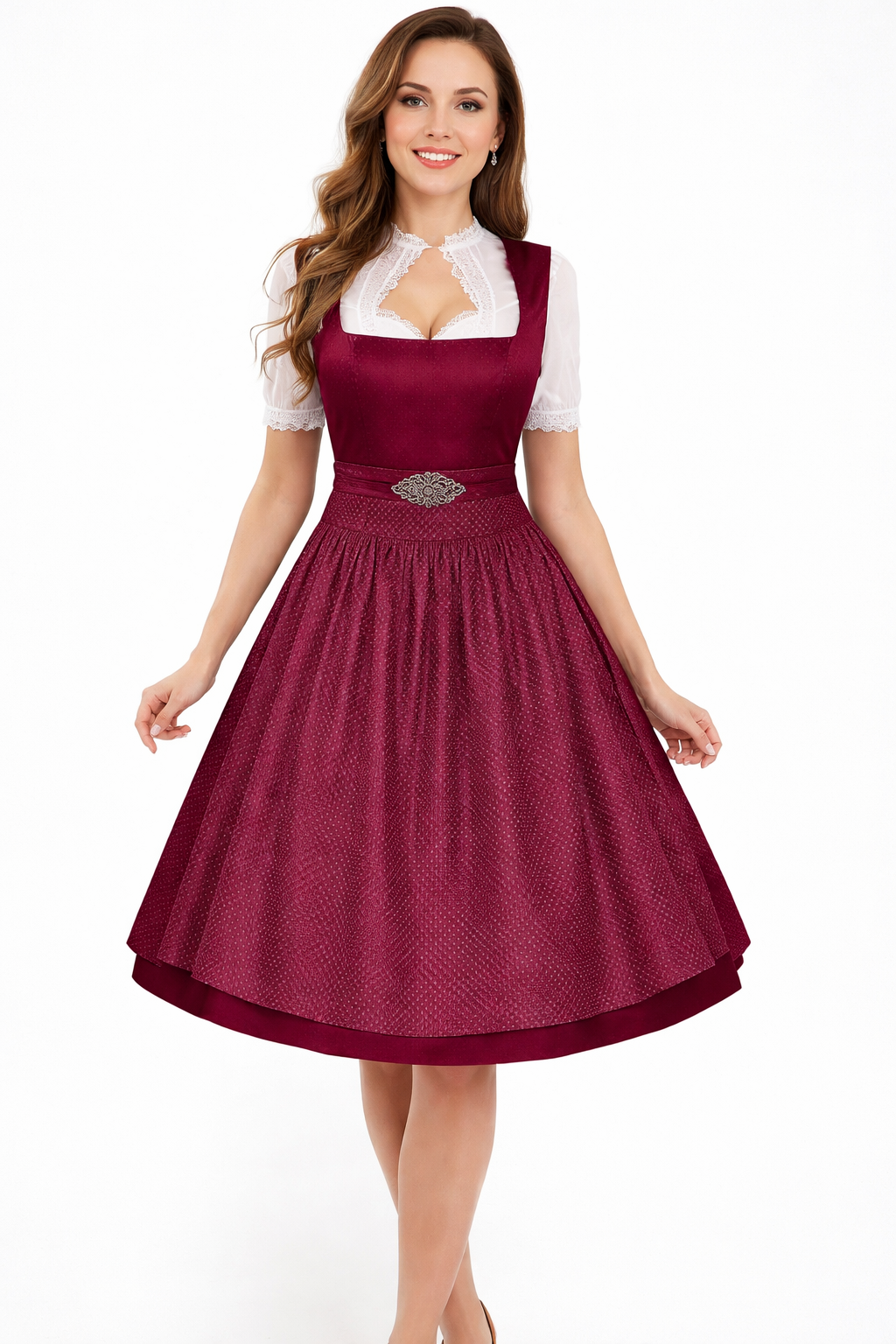 Damen Dirndl Set mit Stehkragenbluse, Taillenapplikation und Rockteil
