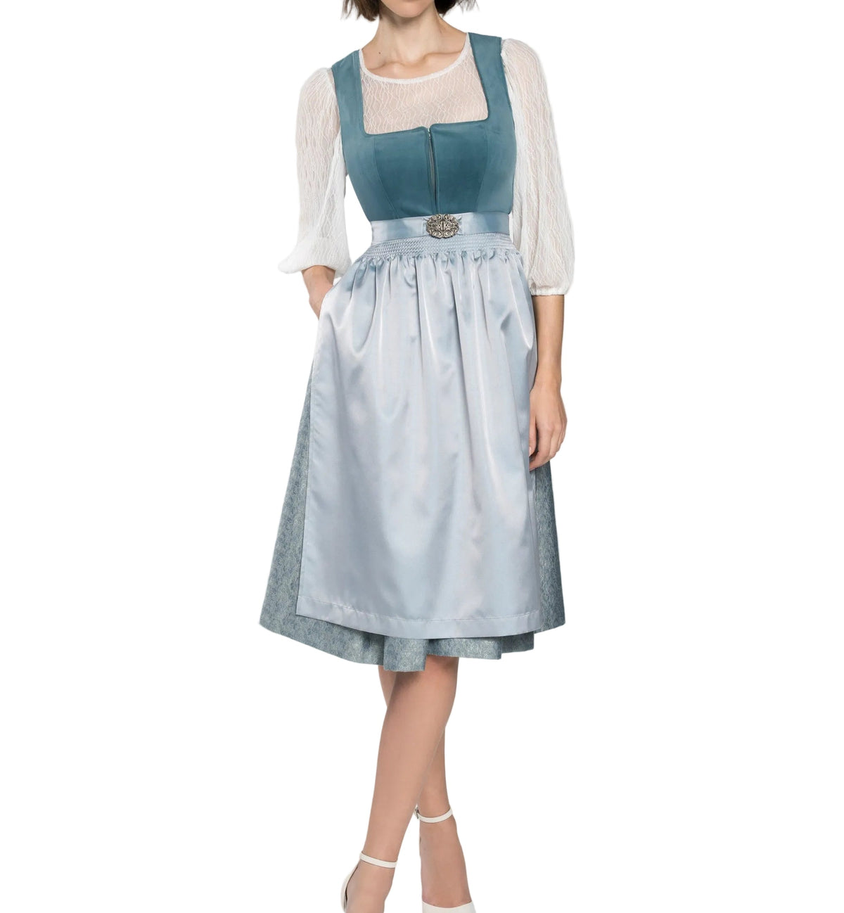 Damen Dirndl Set mit Stehkragenbluse, Taillenapplikation und Rockteil