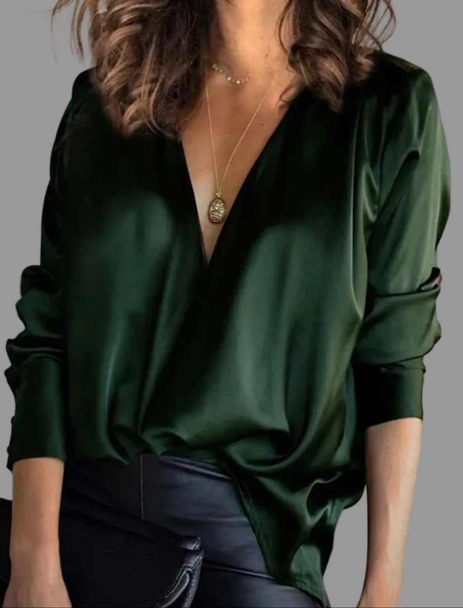 Sophie | Damen Elegante Satin-Bluse Tiefer V-Ausschnitt Langarm
