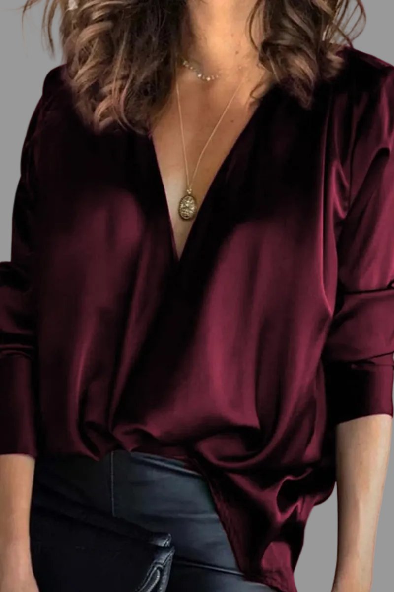 Sophie | Damen Elegante Satin-Bluse Tiefer V-Ausschnitt Langarm