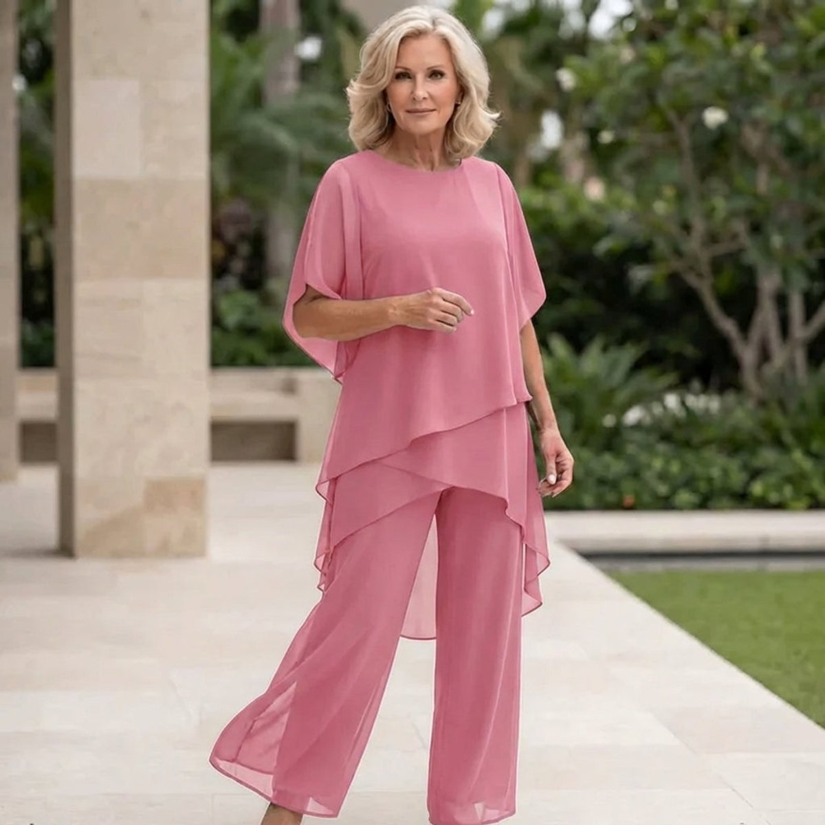 Leonie | Damen Elegantes Chiffon Lagen-Set Oberteil Hose