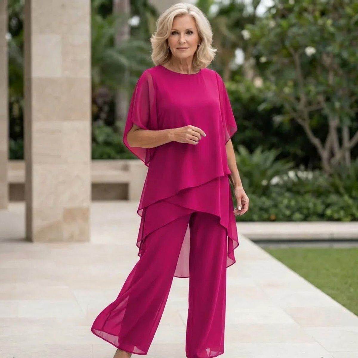 Leonie | Damen Elegantes Chiffon Lagen-Set Oberteil Hose