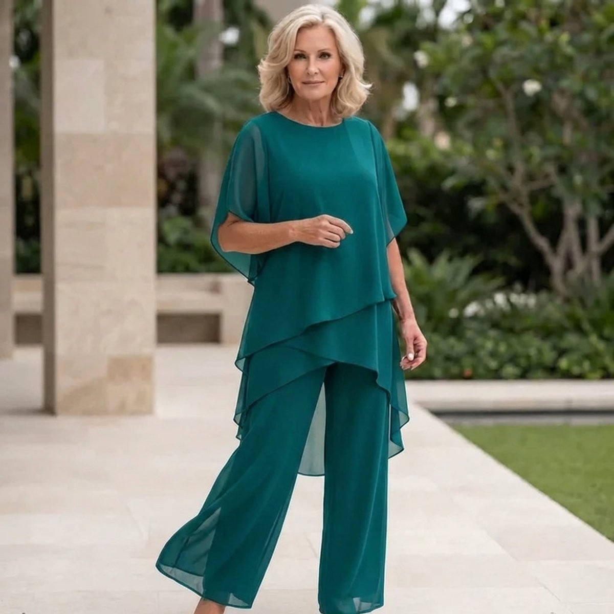 Leonie | Damen Elegantes Chiffon Lagen-Set Oberteil Hose
