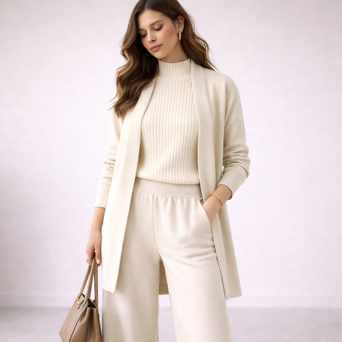Marlene | Damen Elegantes Dreiteiling Strick-Loungewear-Set Abendkleid-Stil