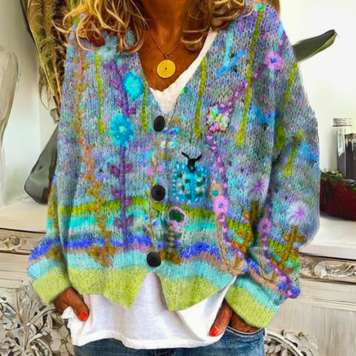 Mia | Damen farbenfroher Pullover Cardigan Bohème Strick V-Ausschnitt