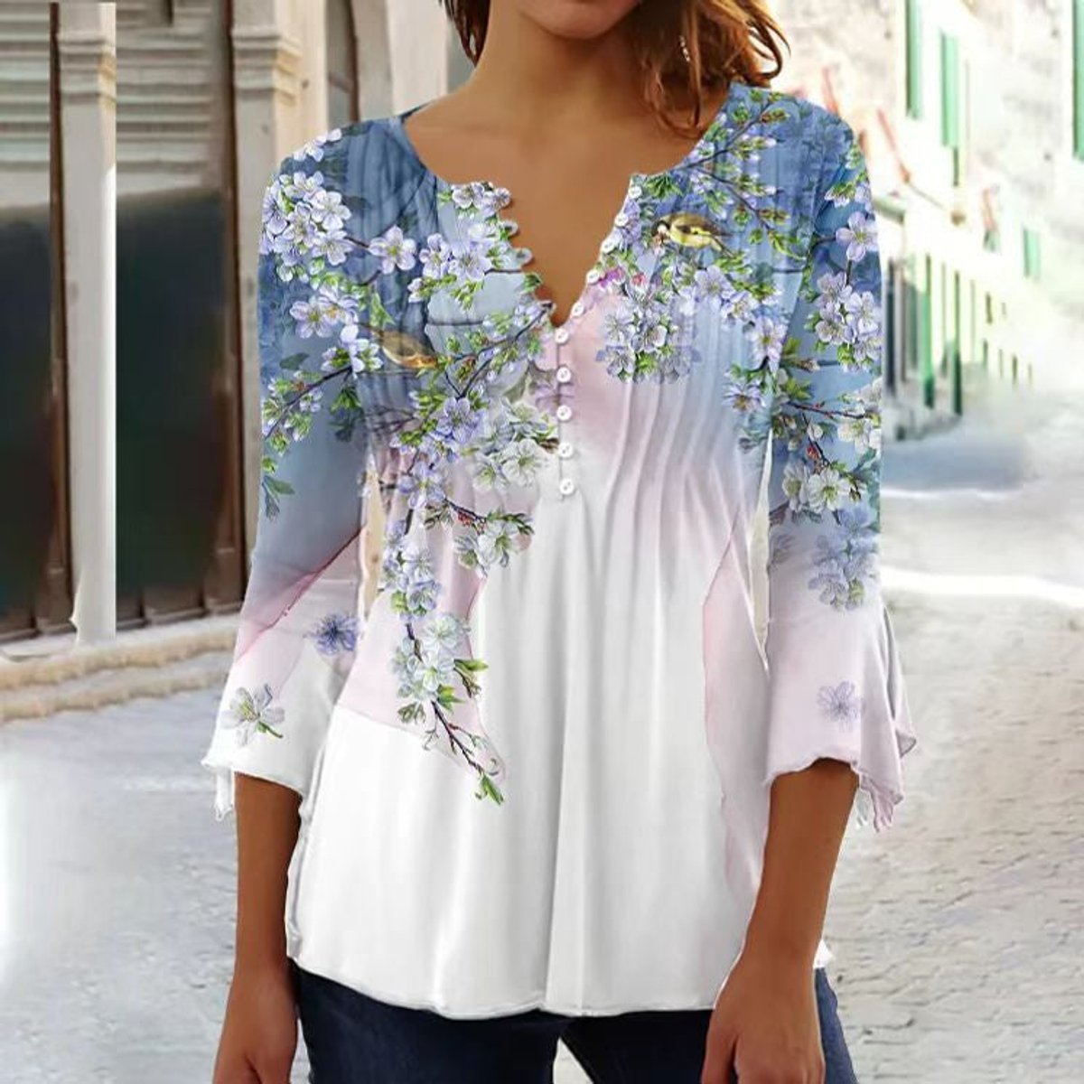 Greta | Damen Geblümte Henley-Bluse Relaxed Fit Lange Ärmel Rosenprint