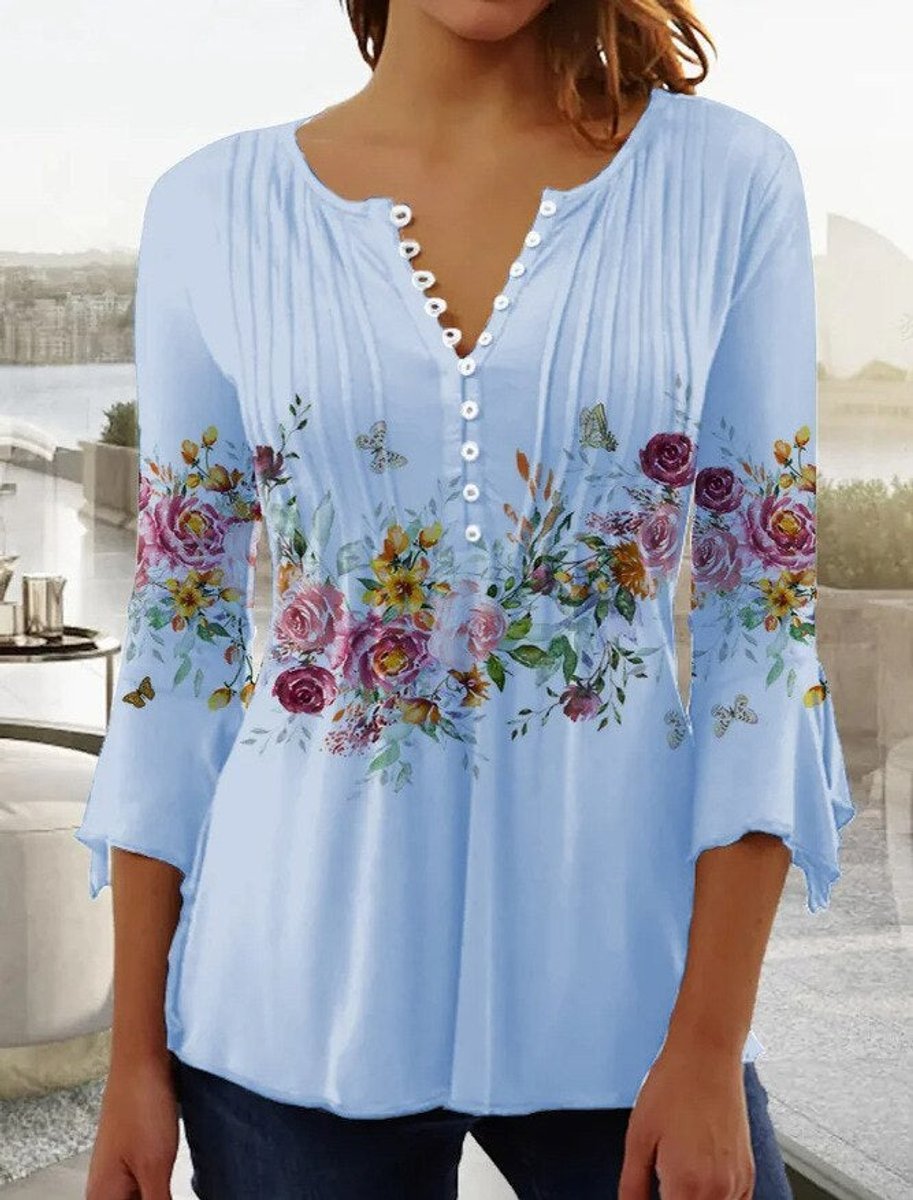 Greta | Damen Geblümte Henley-Bluse Relaxed Fit Lange Ärmel Rosenprint
