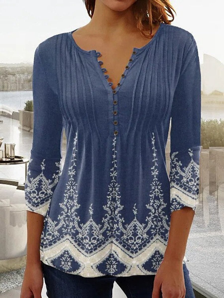 Greta | Damen Geblümte Henley-Bluse Relaxed Fit Lange Ärmel Rosenprint