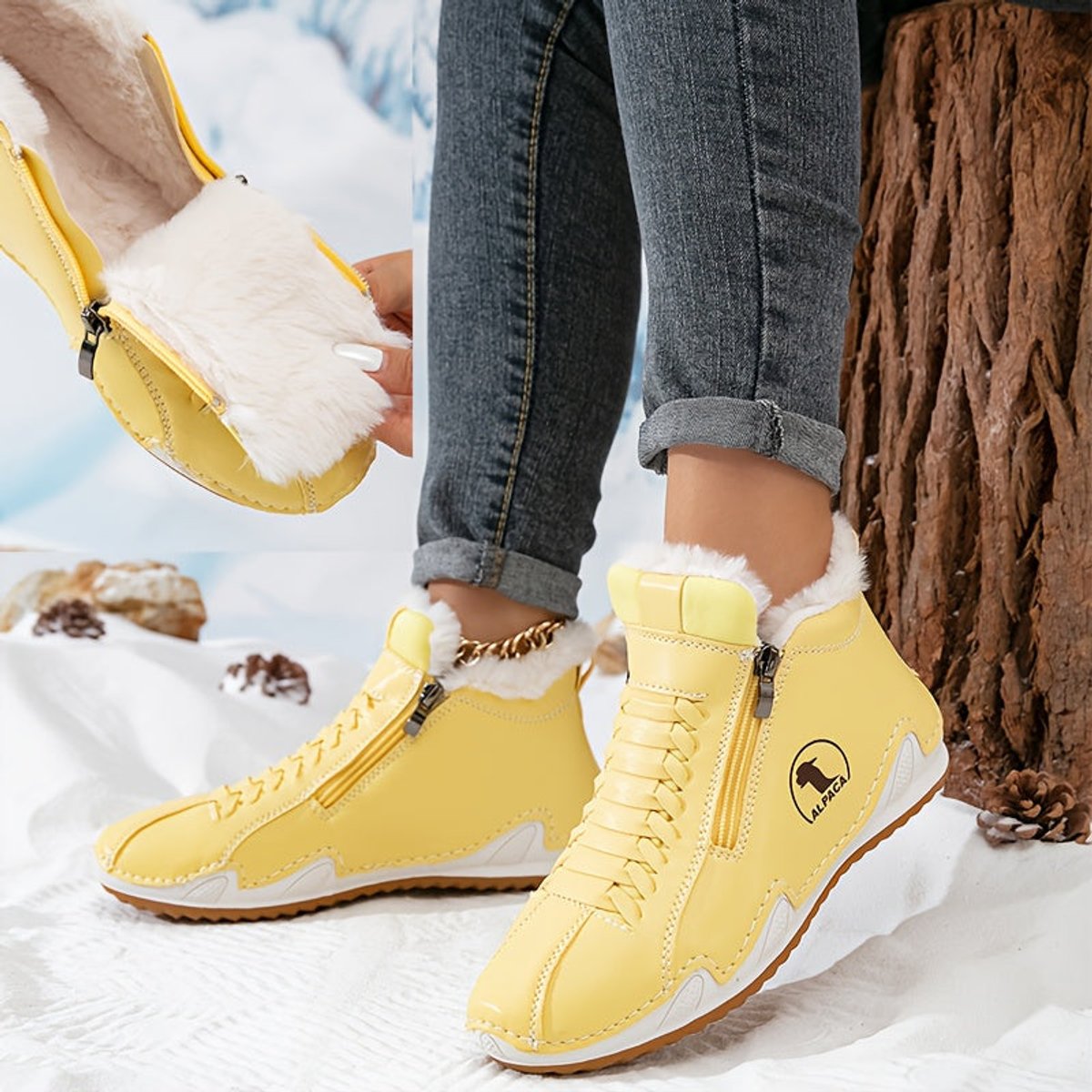 Elisabeth | Damen Gefütterte Ankle Boots Schnürstiefeletten Kunstfell Reißverschluss