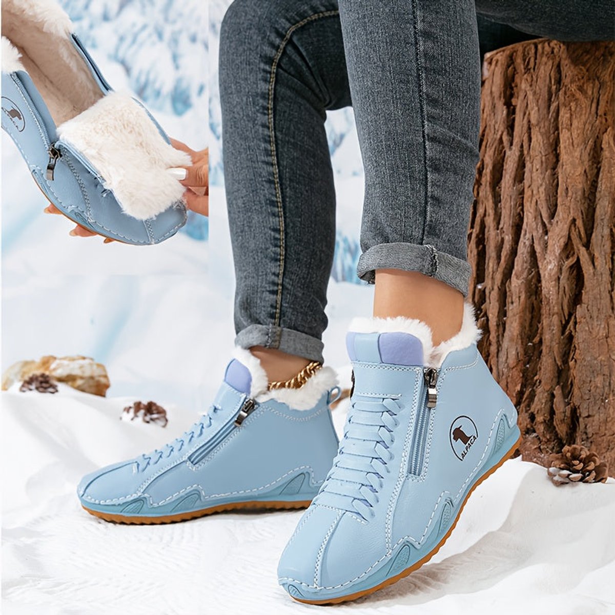 Elisabeth | Damen Gefütterte Ankle Boots Schnürstiefeletten Kunstfell Reißverschluss