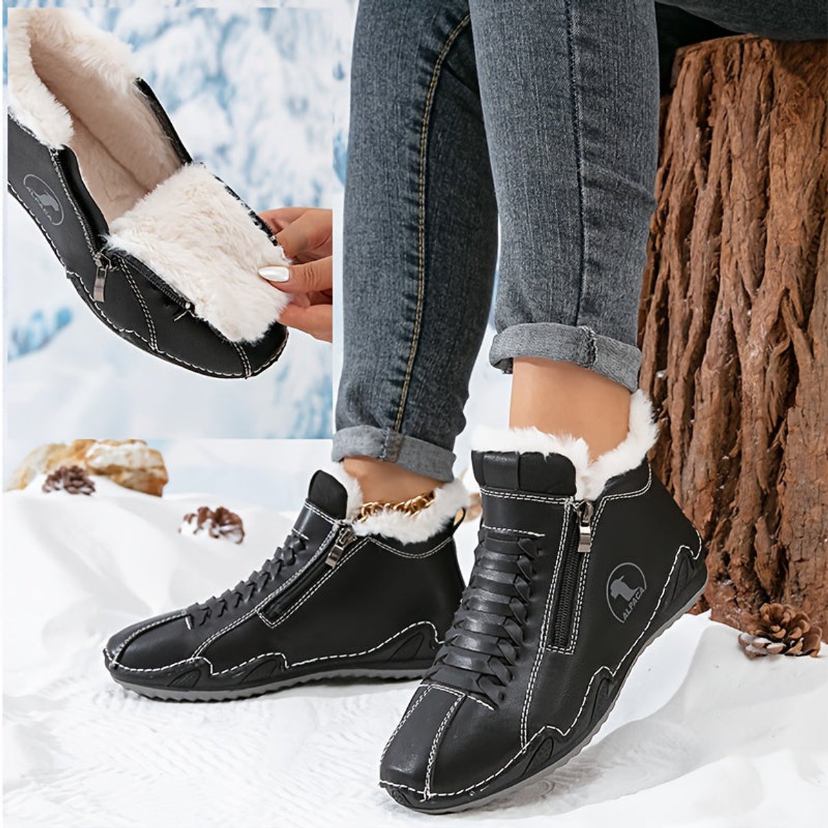Elisabeth | Damen Gefütterte Ankle Boots Schnürstiefeletten Kunstfell Reißverschluss