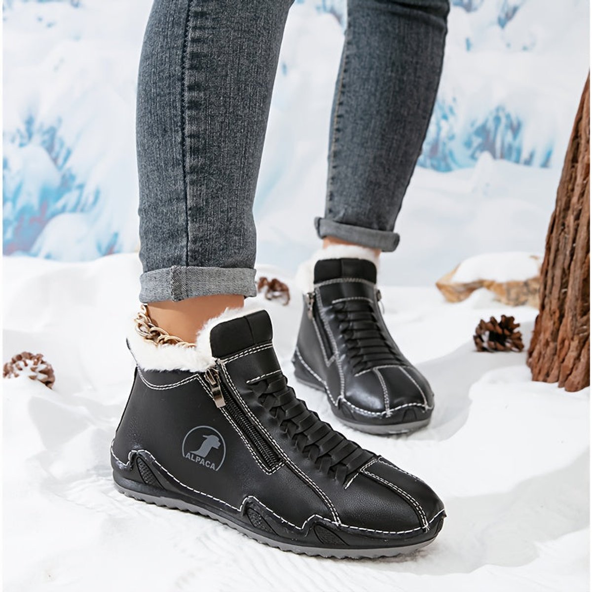 Elisabeth | Damen Gefütterte Ankle Boots Schnürstiefeletten Kunstfell Reißverschluss