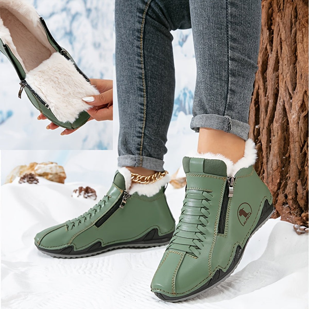 Elisabeth | Damen Gefütterte Ankle Boots Schnürstiefeletten Kunstfell Reißverschluss