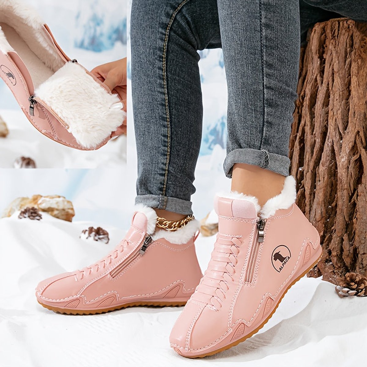 Elisabeth | Damen Gefütterte Ankle Boots Schnürstiefeletten Kunstfell Reißverschluss