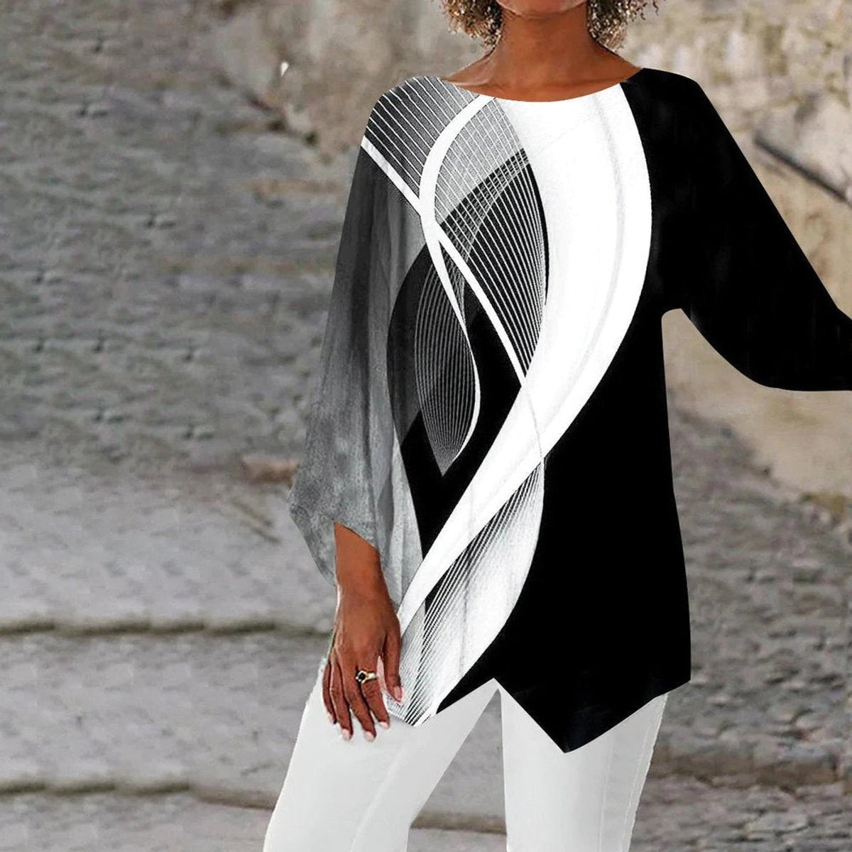 Luisa | Damen Geometrisch-Gemustertes Langarm-Tunika Oberteil