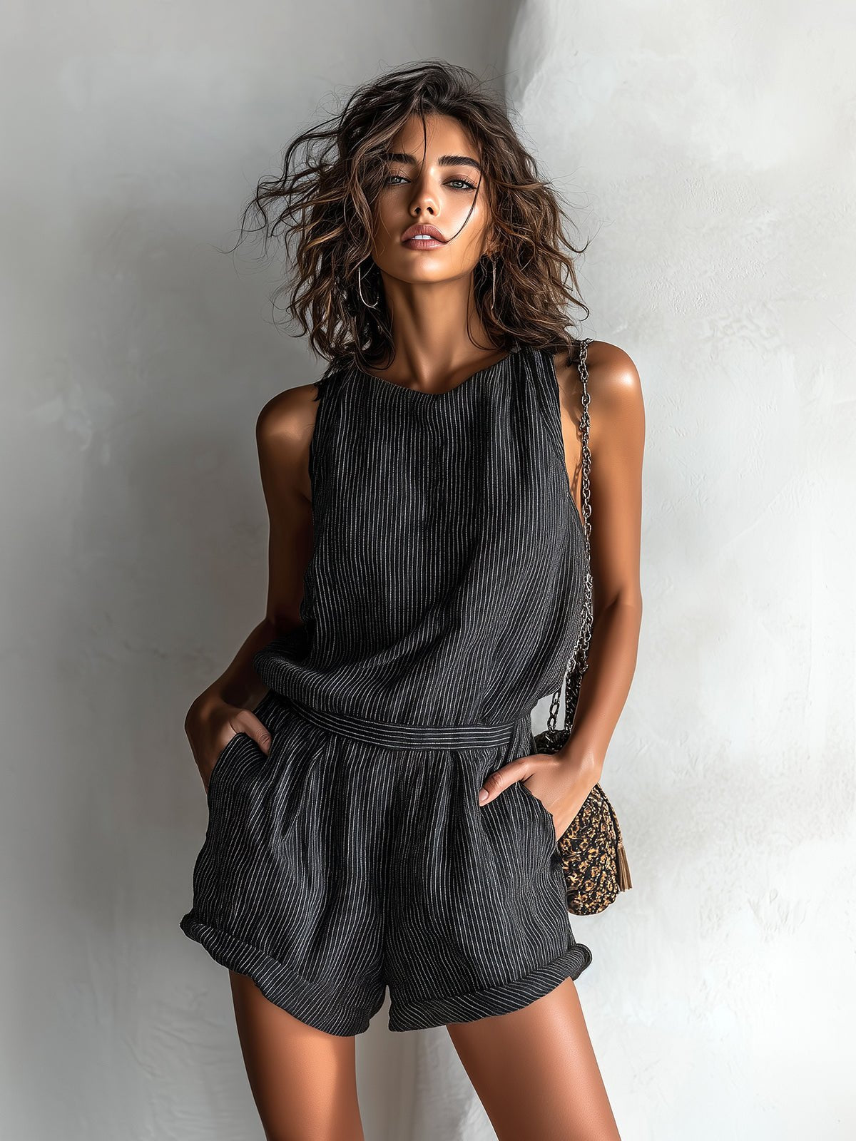 Elfriede | Damen Gestreifter Leinen-Mix Ärmellos Jumpsuit