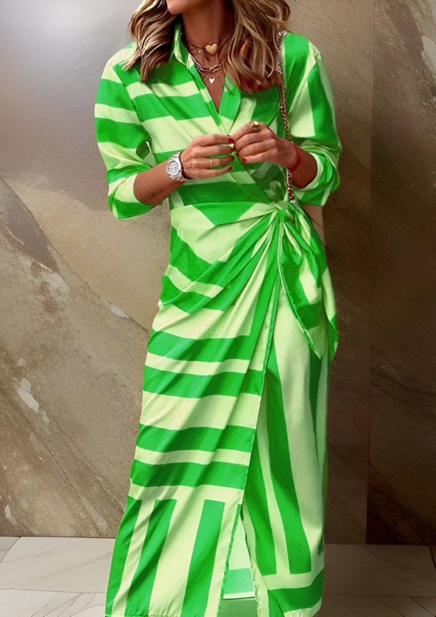 Katharina | Damen Gestreiftes Langarm Wickelkleid Midi Hemdkleid