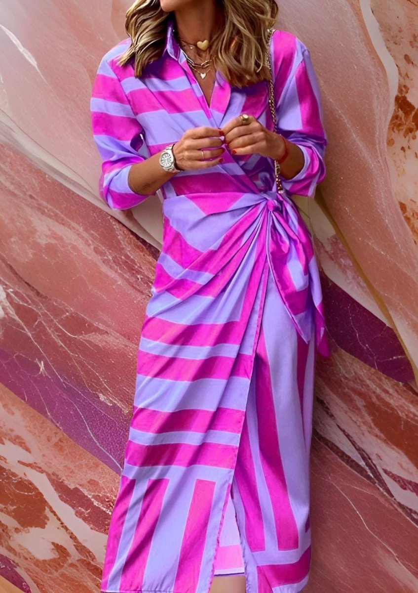 Katharina | Damen Gestreiftes Langarm Wickelkleid Midi Hemdkleid