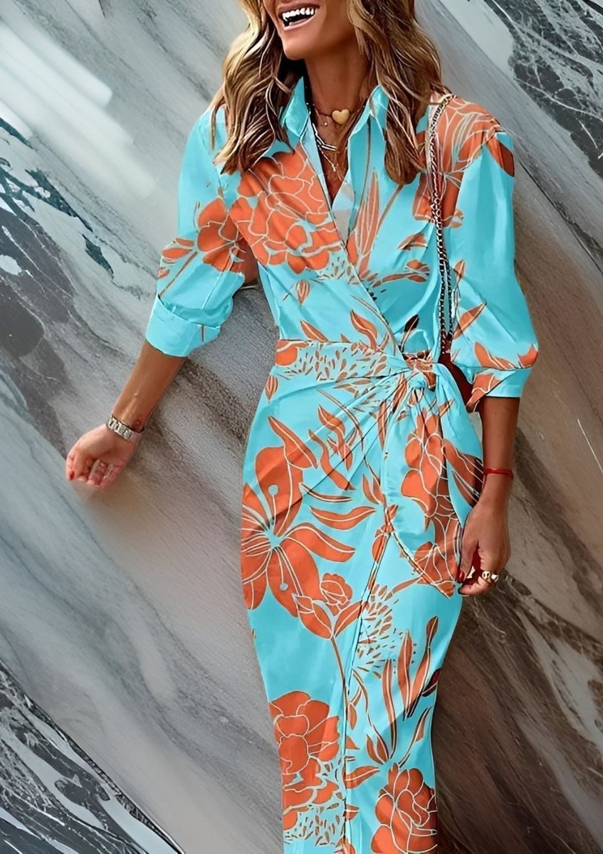 Katharina | Damen Gestreiftes Langarm Wickelkleid Midi Hemdkleid