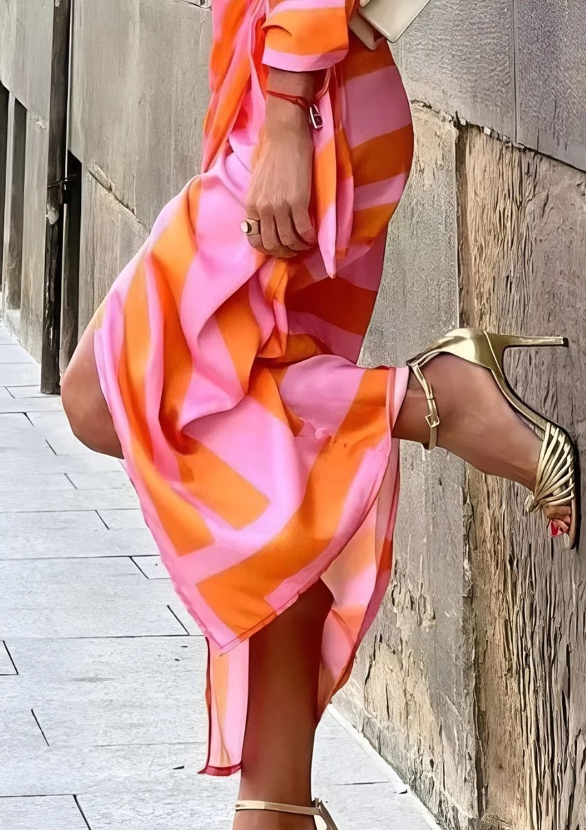 Katharina | Damen Gestreiftes Langarm Wickelkleid Midi Hemdkleid