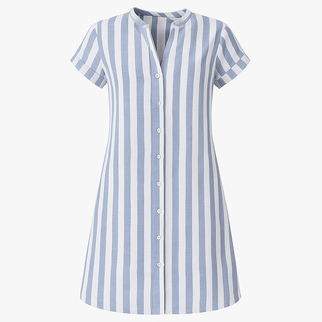 Frieda | Damen Gestreiftes Leinen-Hemdblusenkleid Kurze Ärmel Durchgeknöpft