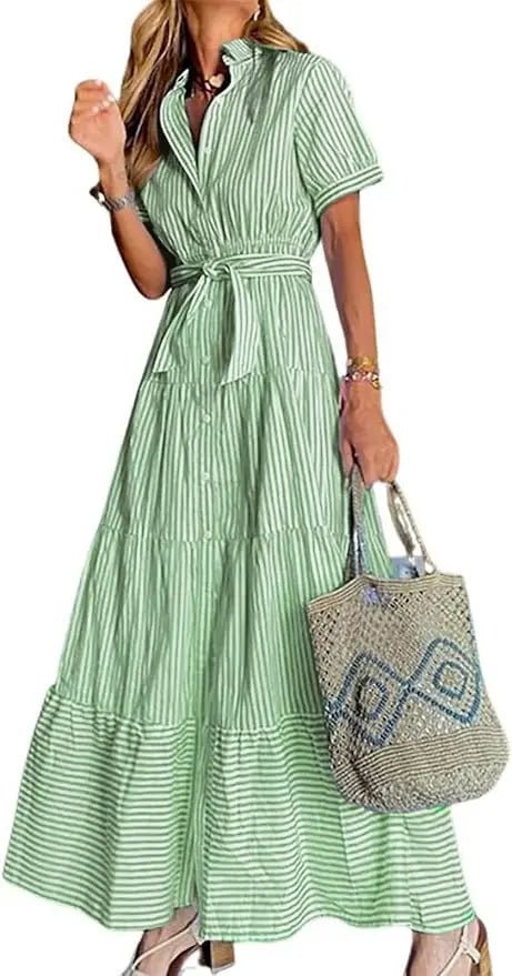 Lena | Damen Gestreiftes Maxi Hemdblusenkleid mit Gürtel und Rüschensaum