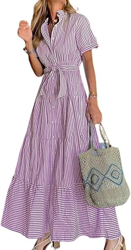 Lena | Damen Gestreiftes Maxi Hemdblusenkleid mit Gürtel und Rüschensaum