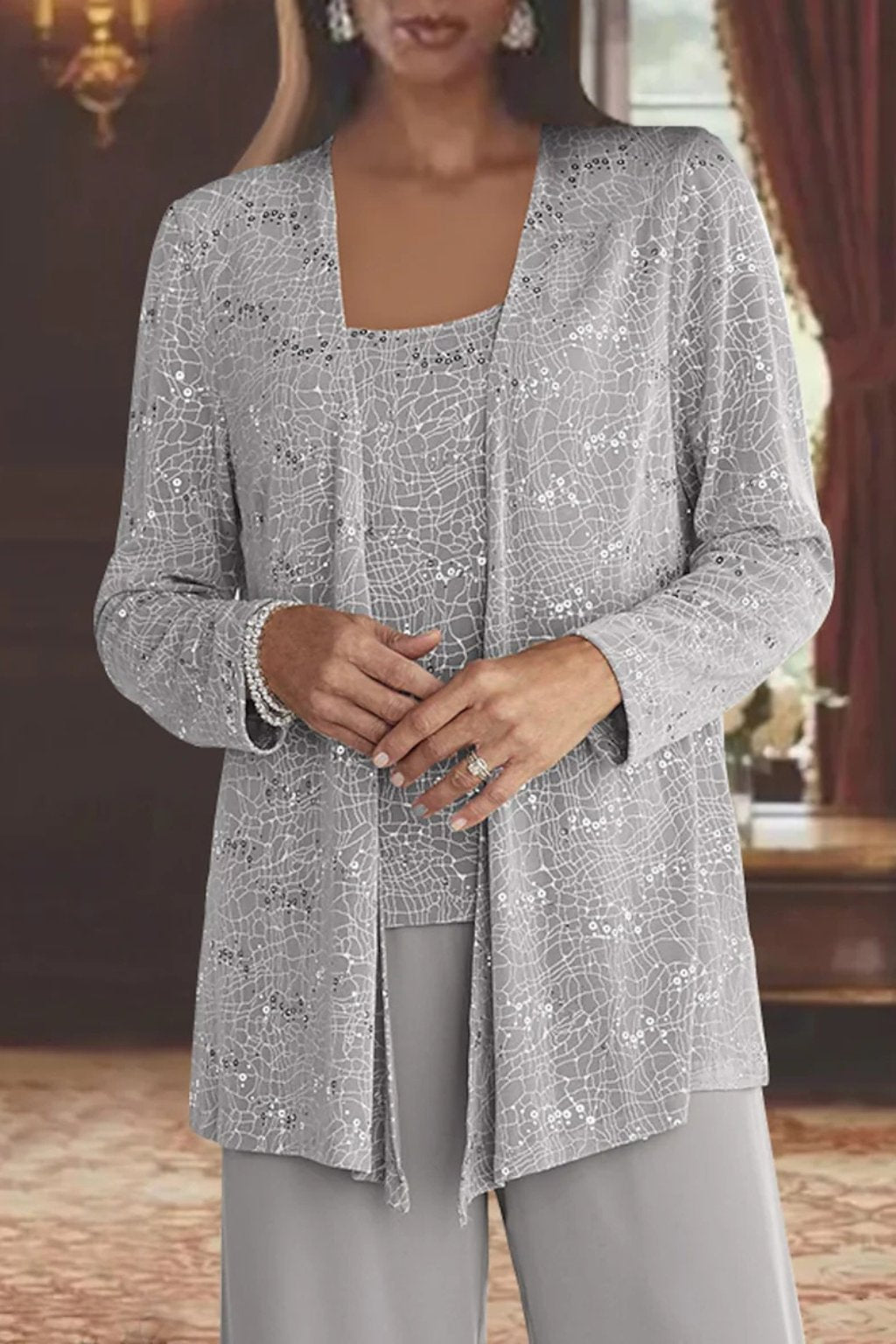 Frieda | Damen Glitzer Dreiteiler Weite Hose Blazer Set
