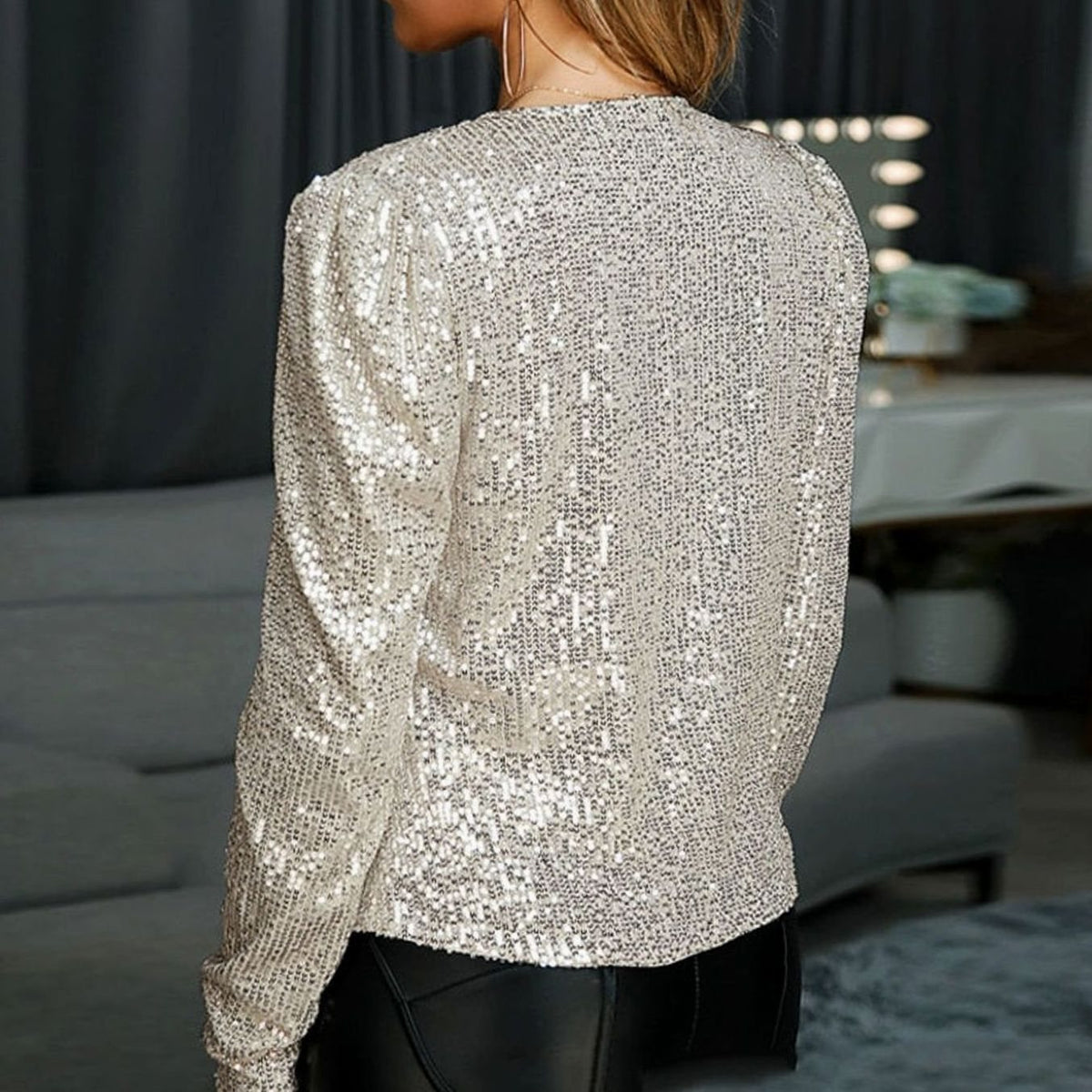 Amelie | Damen Glitzernde Offene Winterjacke Festlicher Pailletten Blazer