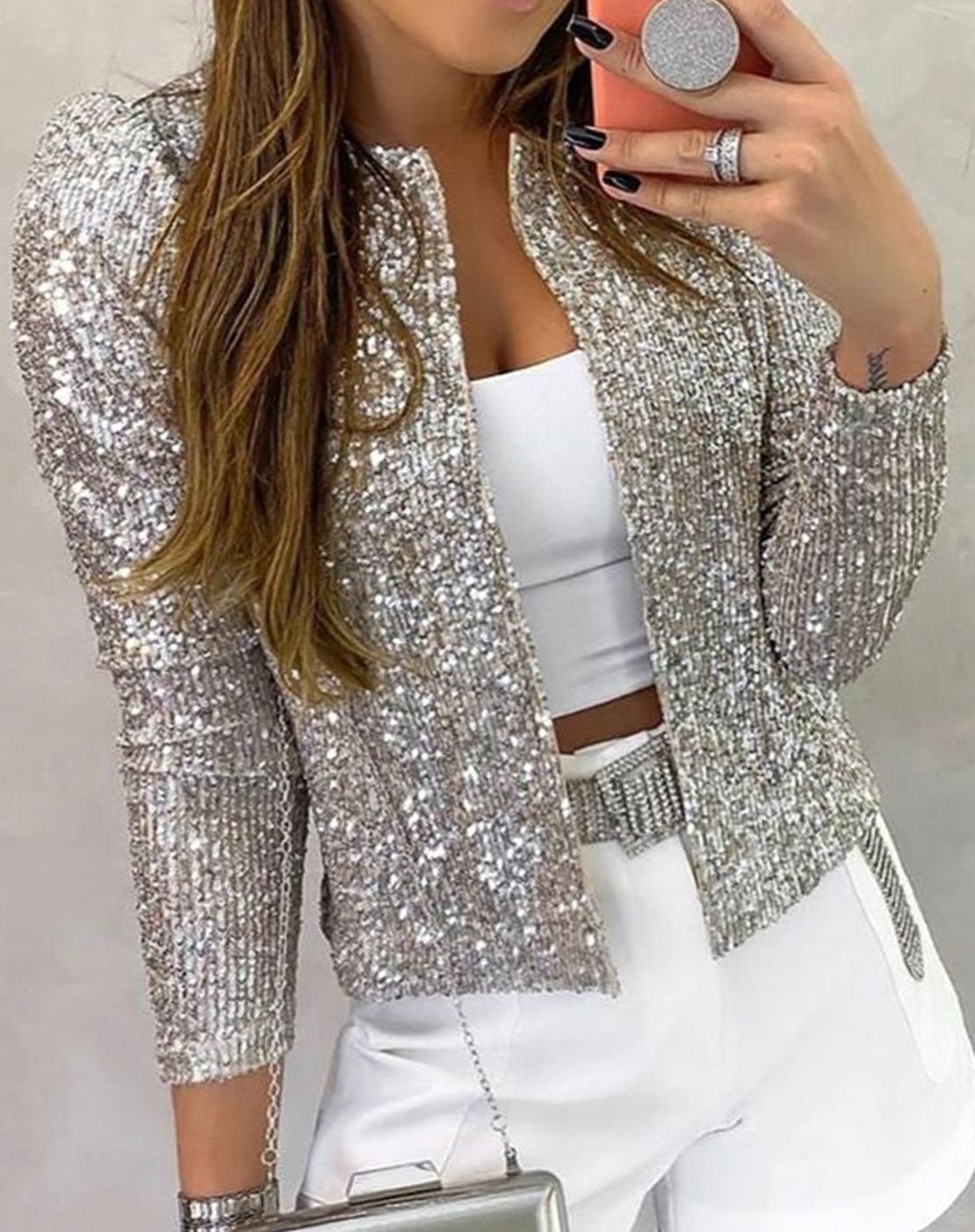 Amelie | Damen Glitzernde Offene Winterjacke Festlicher Pailletten Blazer