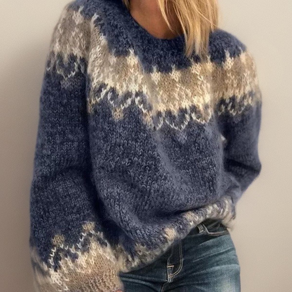 Luisa | Damen Jacquard Knit Sweater Isländischer Rundhals Strickpullover