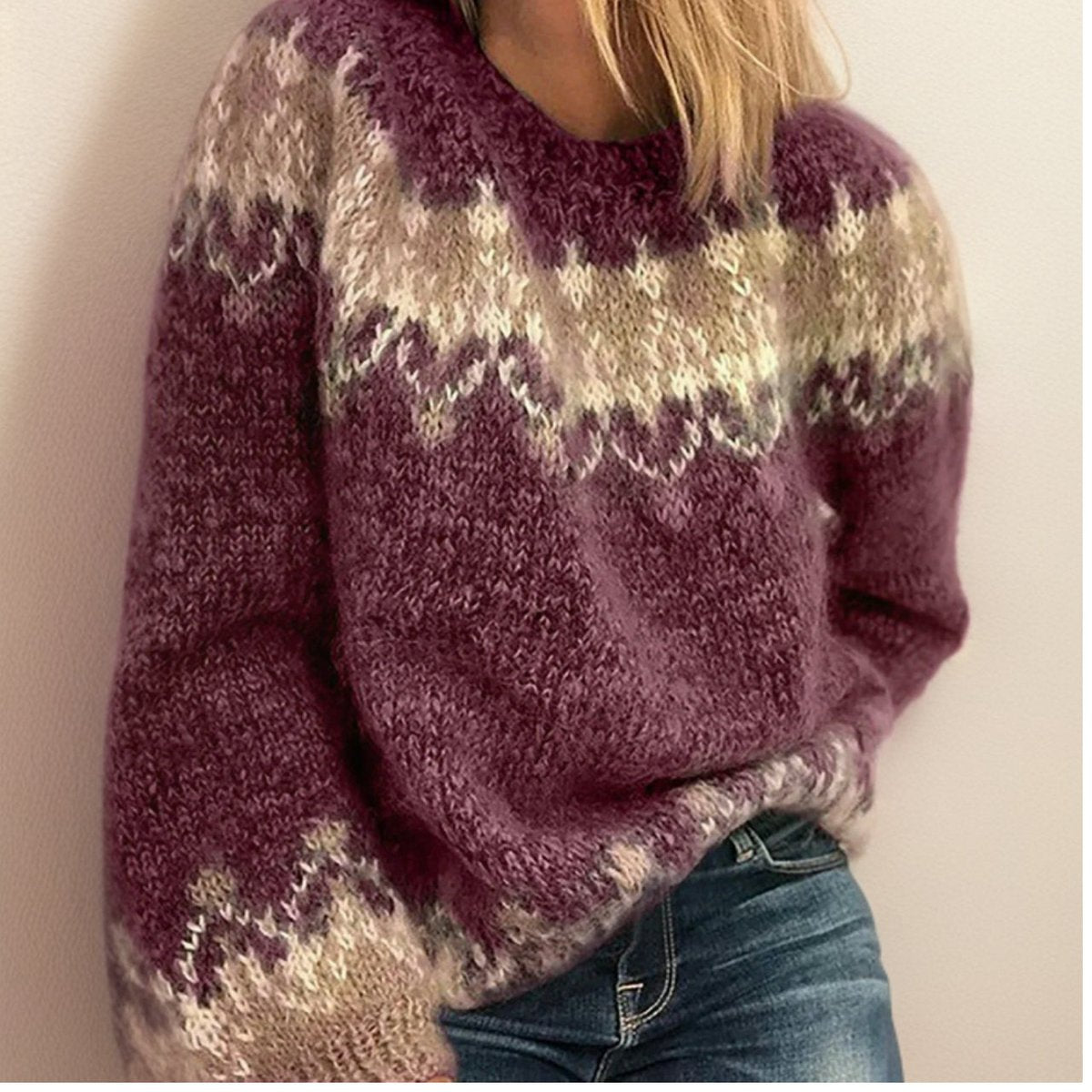 Luisa | Damen Jacquard Knit Sweater Isländischer Rundhals Strickpullover