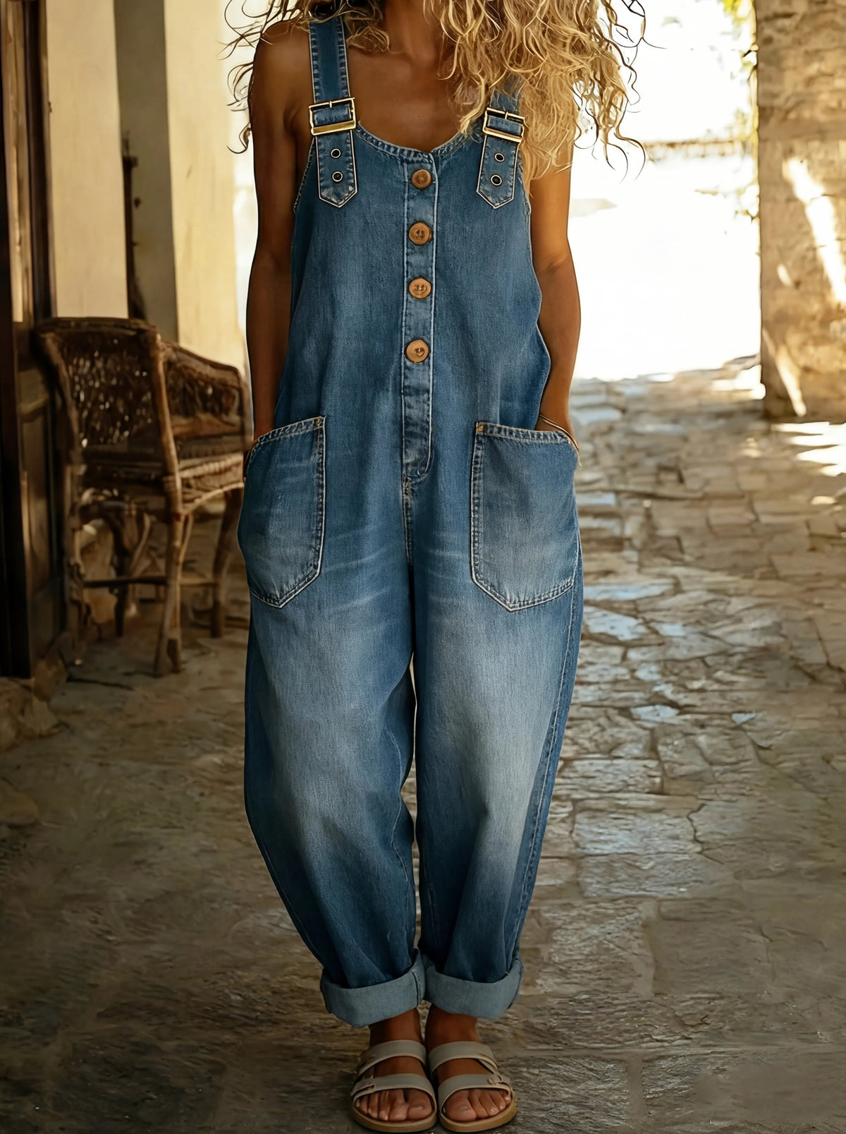 Frieda | Damen Jeans Latzhose Weit Verstellbare Träger Taschen