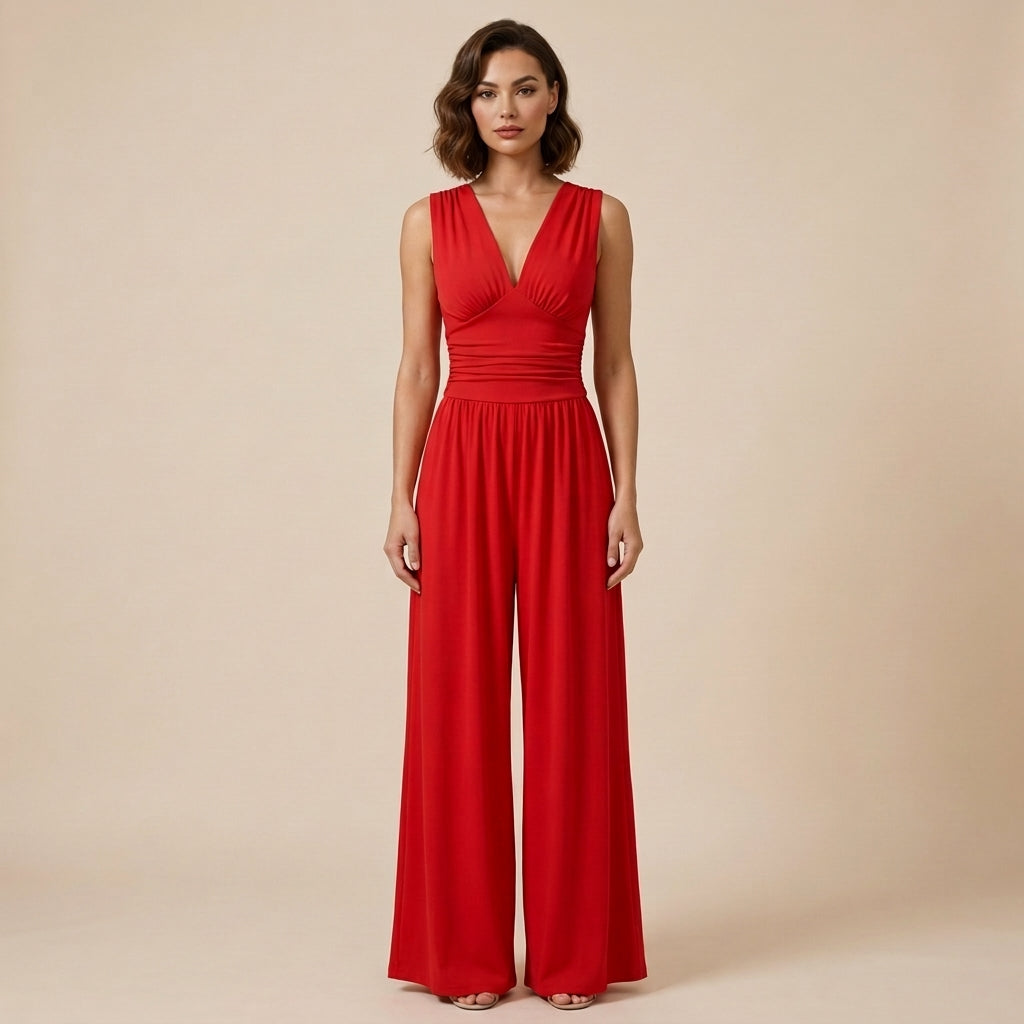 Damen-Jumpsuit mit V-Ausschnitt und weitem Bein