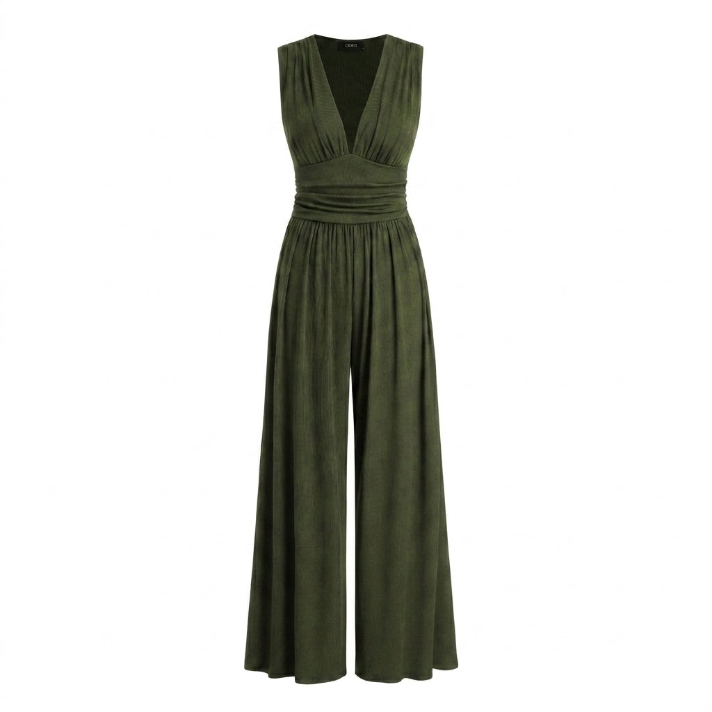 Damen-Jumpsuit mit V-Ausschnitt und weitem Bein