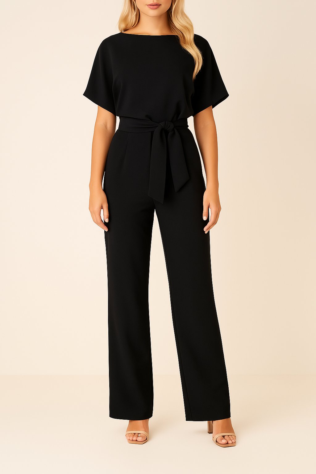 Marie | Damen Jumpsuit Ärmellos Weites Bein Bindegürtel