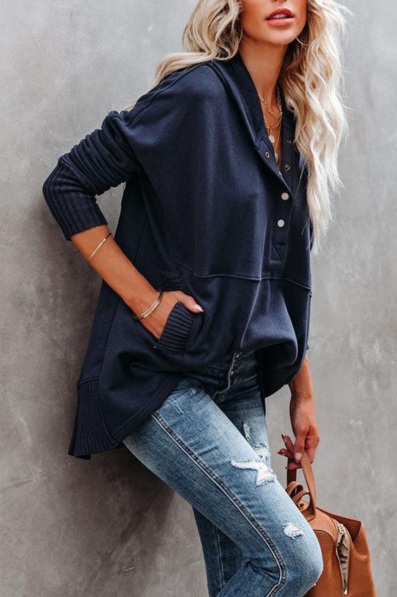 Clara | Damen Kapuzen-Tunika langarm oversized Hoodie mit Knopfleiste