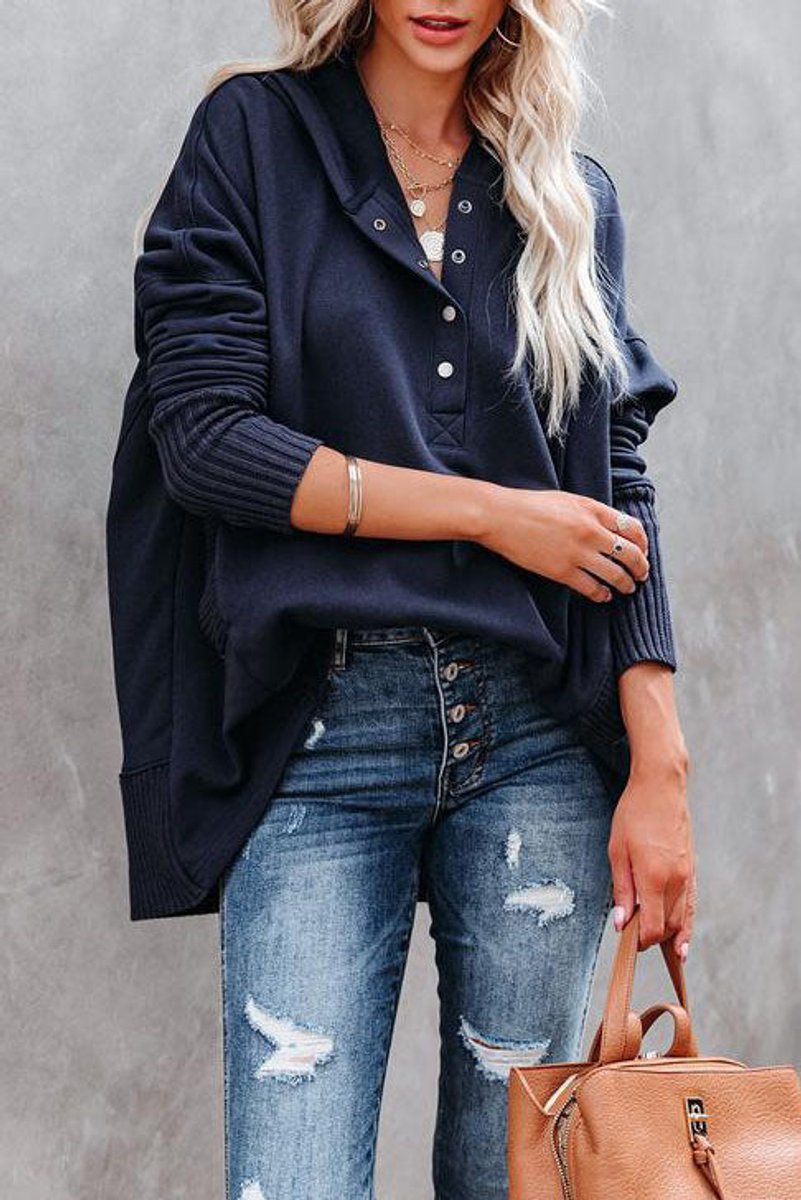 Clara | Damen Kapuzen-Tunika langarm oversized Hoodie mit Knopfleiste