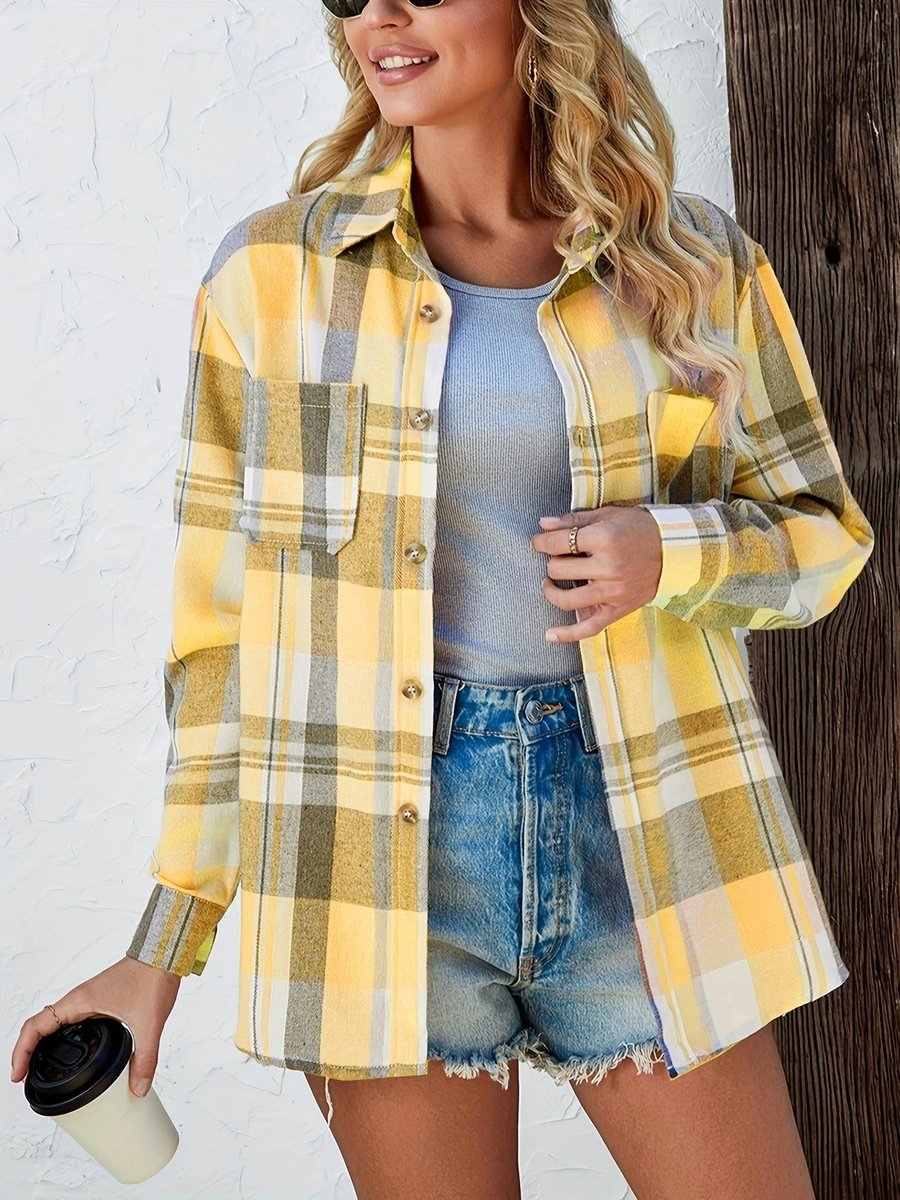 Amelie | Damen Karierter Flanell Cardigan Oversized Langarm Hemdbluse