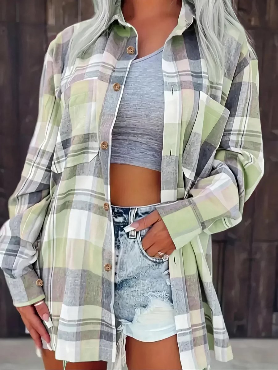 Amelie | Damen Karierter Flanell Cardigan Oversized Langarm Hemdbluse