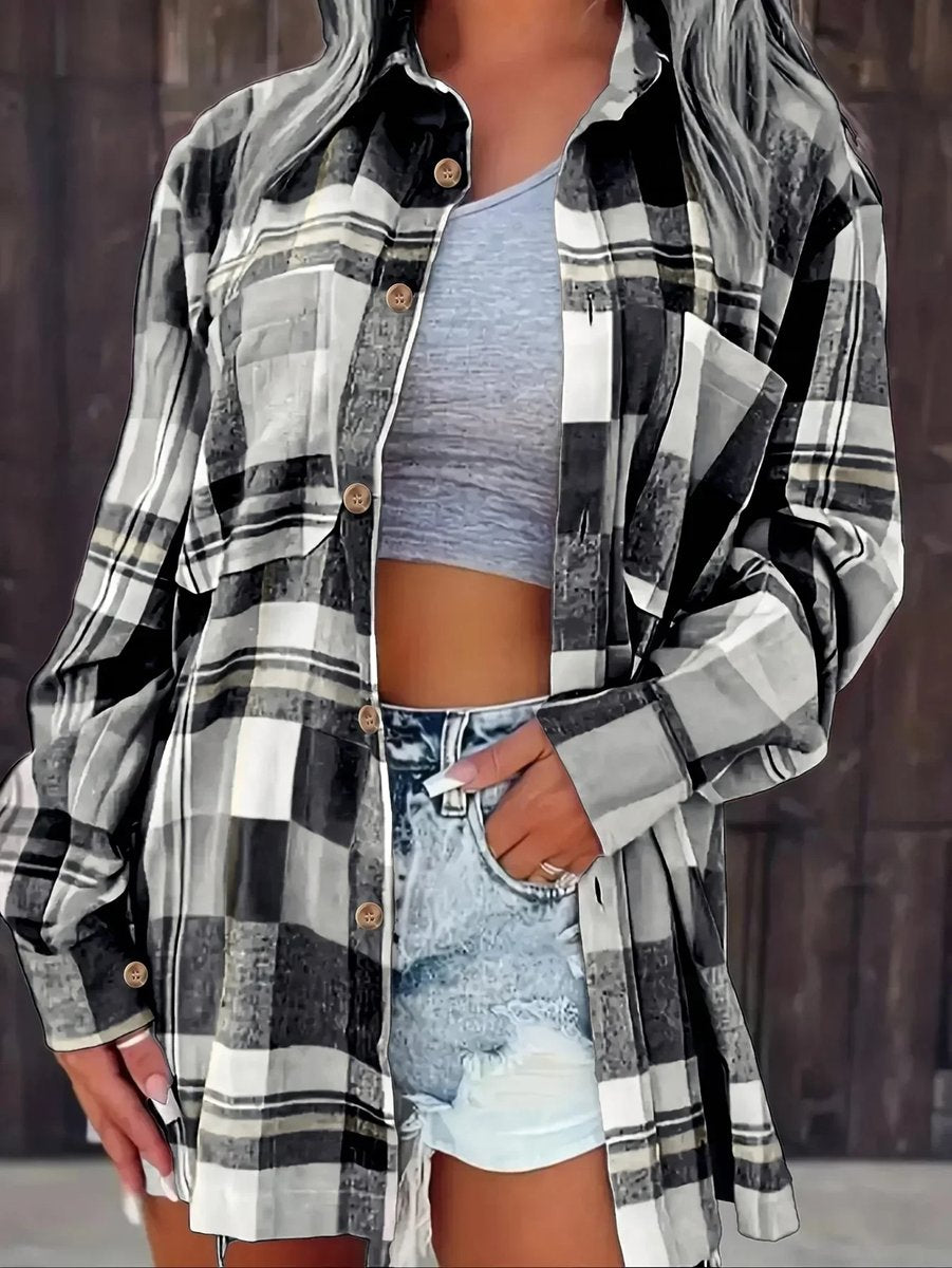 Amelie | Damen Karierter Flanell Cardigan Oversized Langarm Hemdbluse