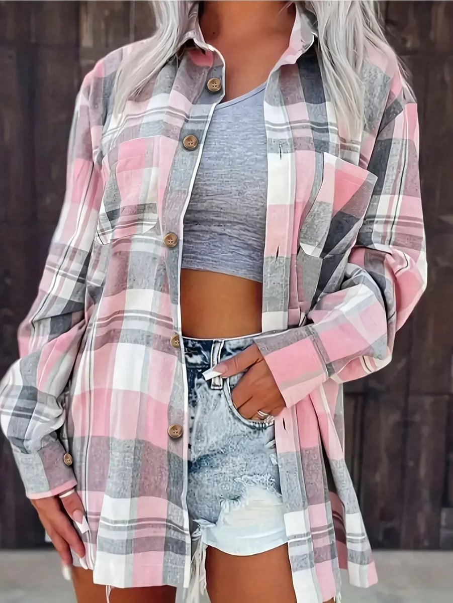 Amelie | Damen Karierter Flanell Cardigan Oversized Langarm Hemdbluse