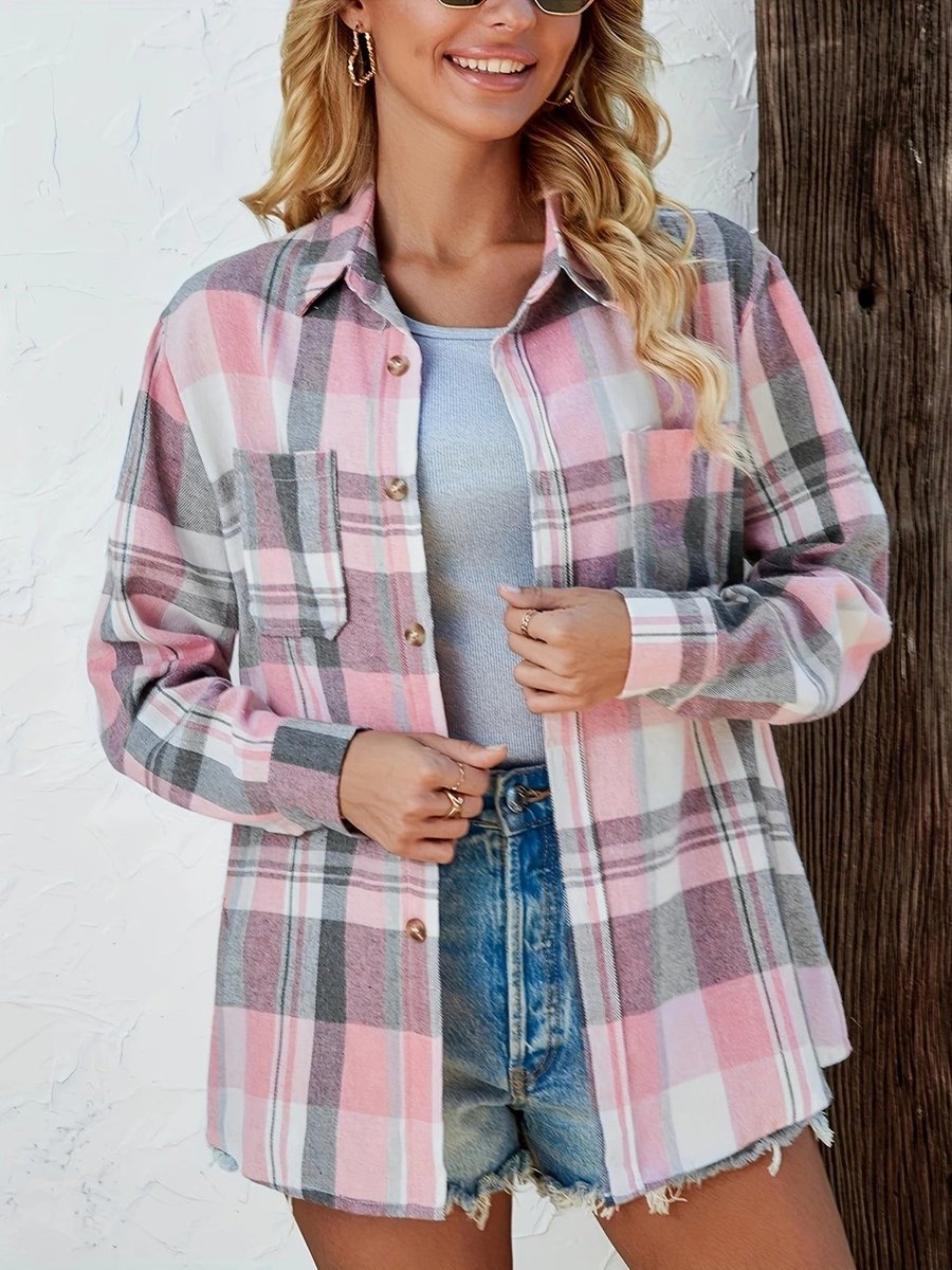 Amelie | Damen Karierter Flanell Cardigan Oversized Langarm Hemdbluse