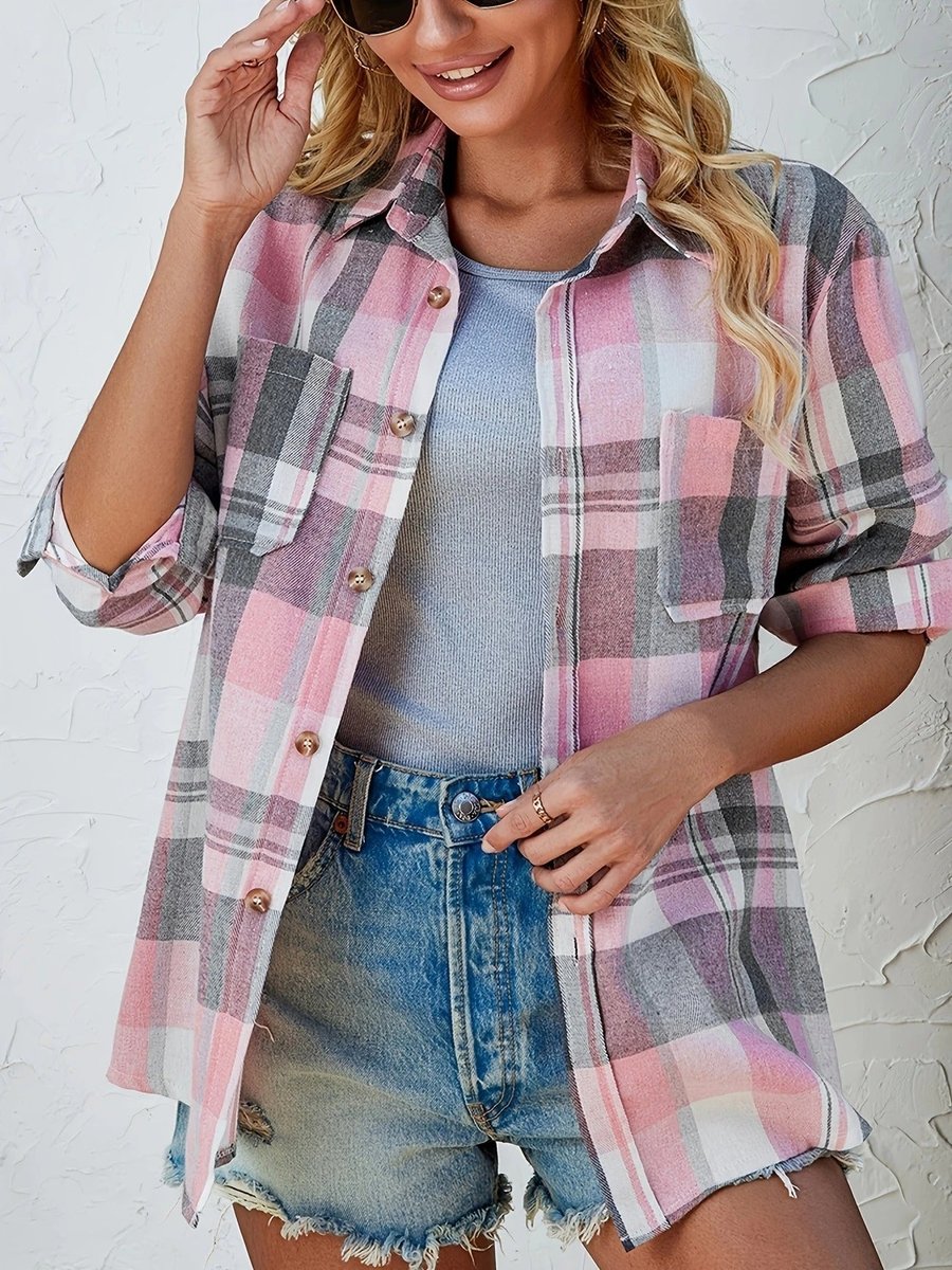 Amelie | Damen Karierter Flanell Cardigan Oversized Langarm Hemdbluse