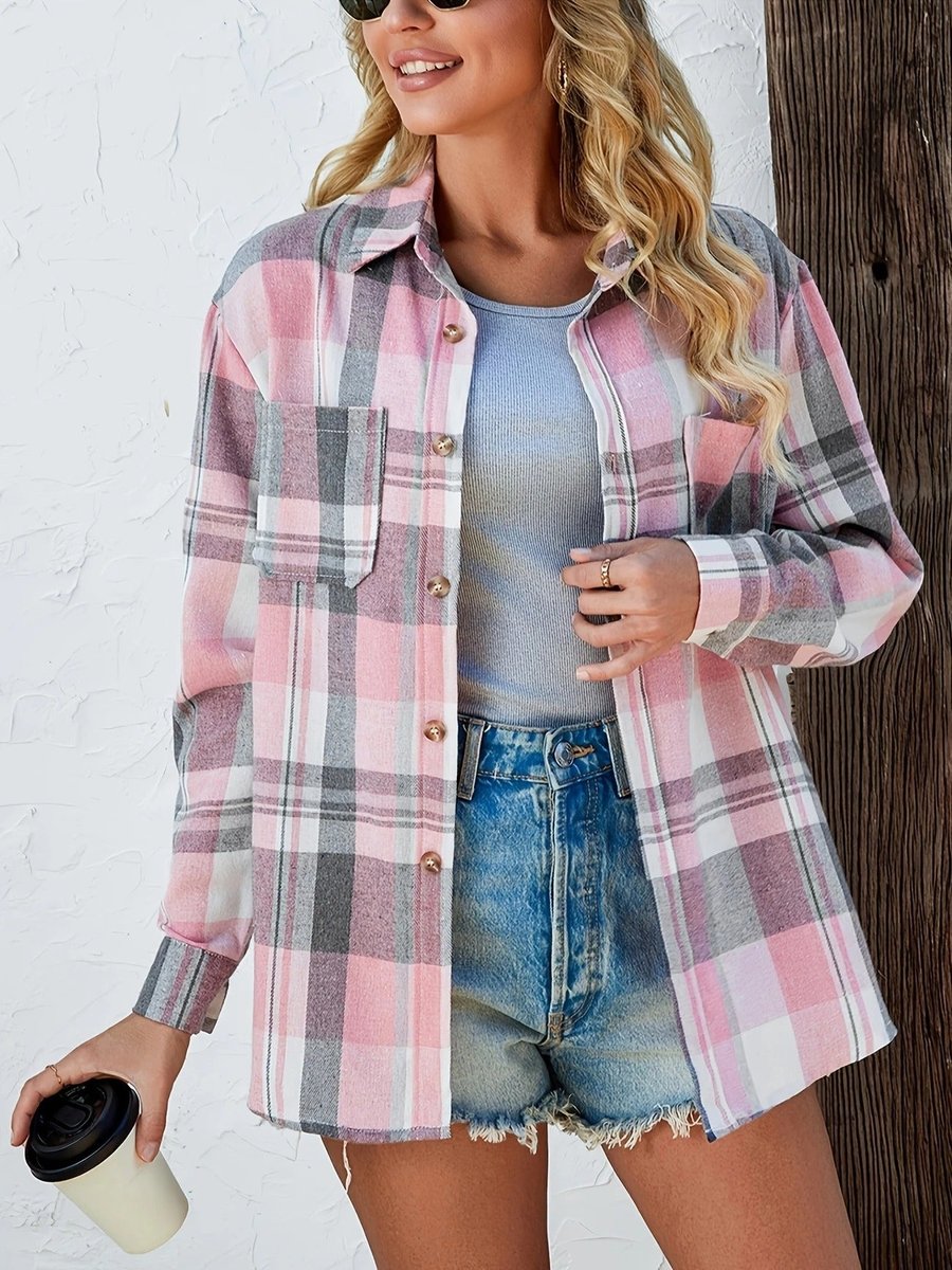 Amelie | Damen Karierter Flanell Cardigan Oversized Langarm Hemdbluse
