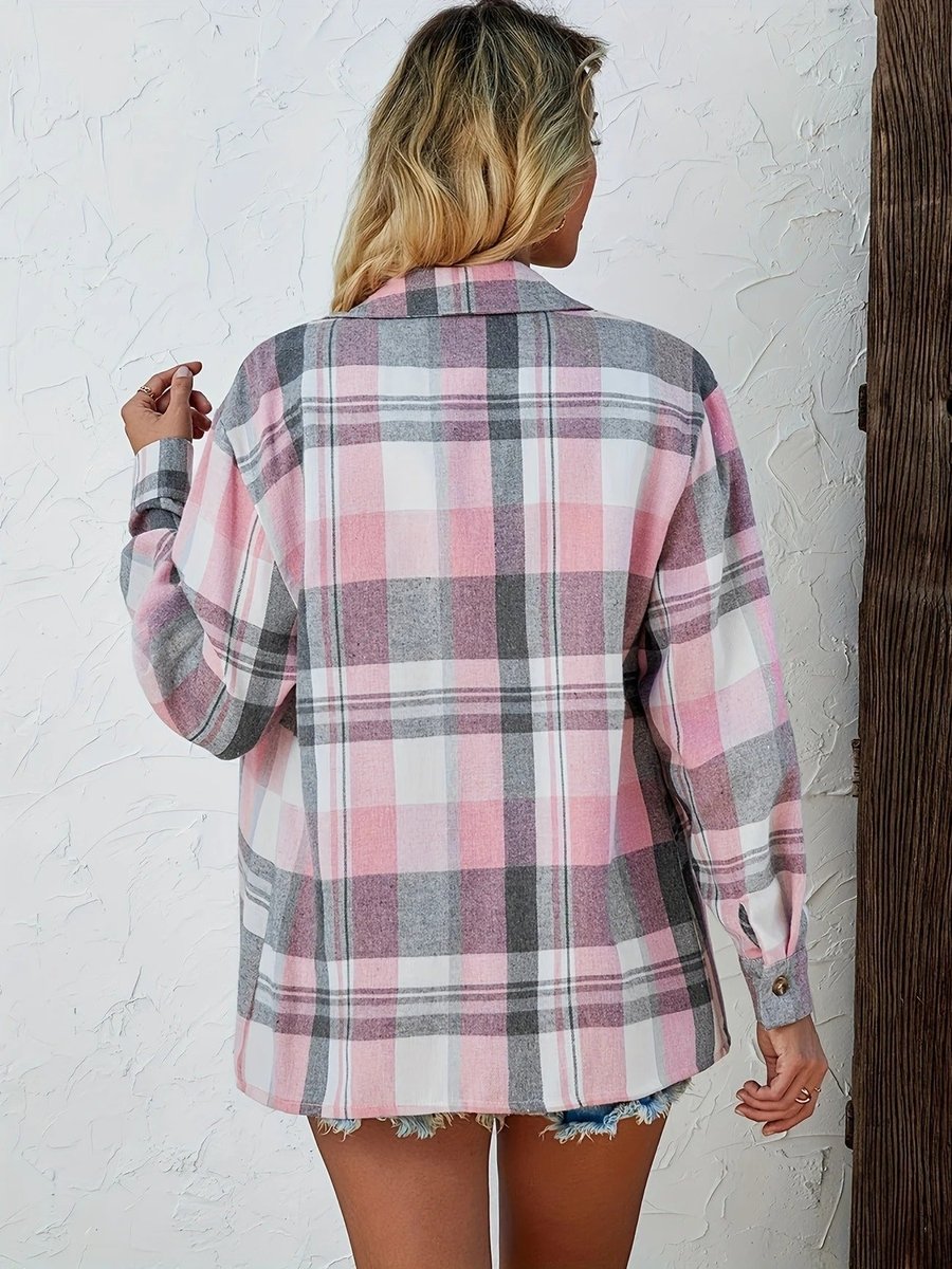 Amelie | Damen Karierter Flanell Cardigan Oversized Langarm Hemdbluse