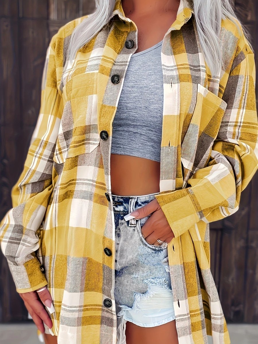 Amelie | Damen Karierter Flanell Cardigan Oversized Langarm Hemdbluse