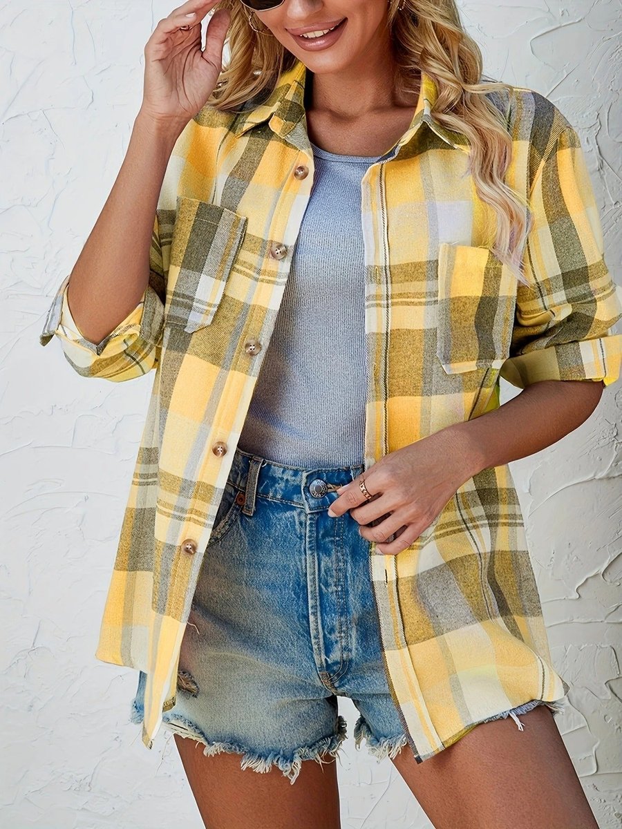 Amelie | Damen Karierter Flanell Cardigan Oversized Langarm Hemdbluse