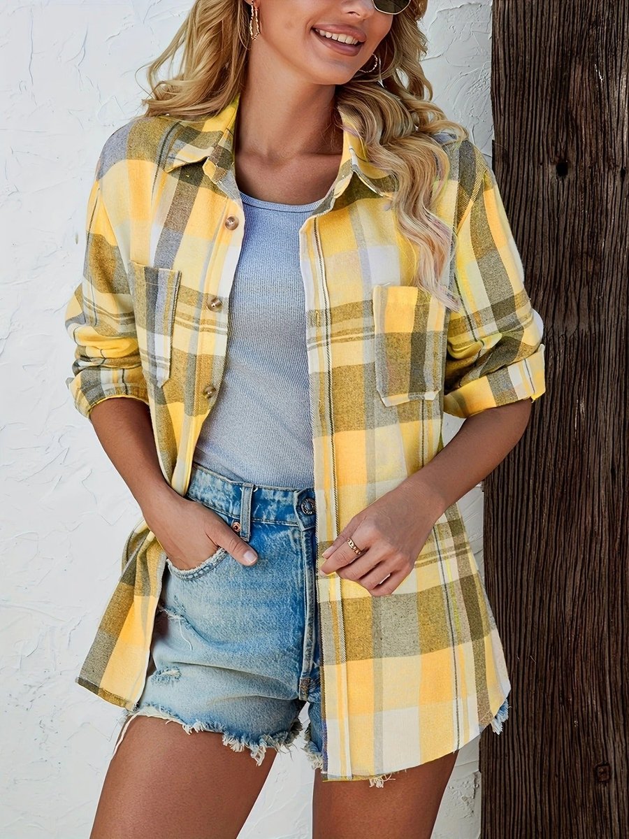 Amelie | Damen Karierter Flanell Cardigan Oversized Langarm Hemdbluse