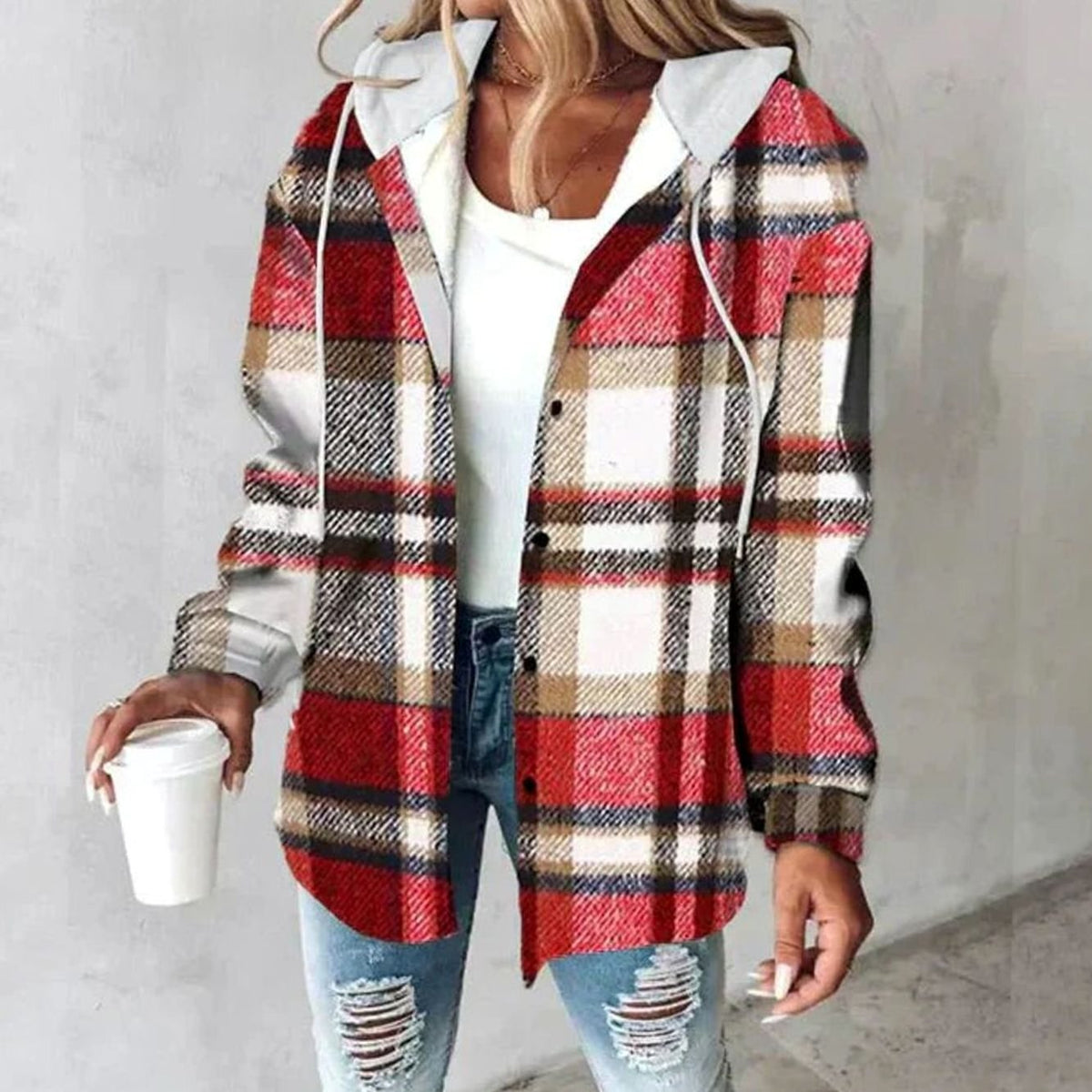 Johanna | Damen Karo Hoodie Jacke mit Kapuze Lockere Passform Winterjacke